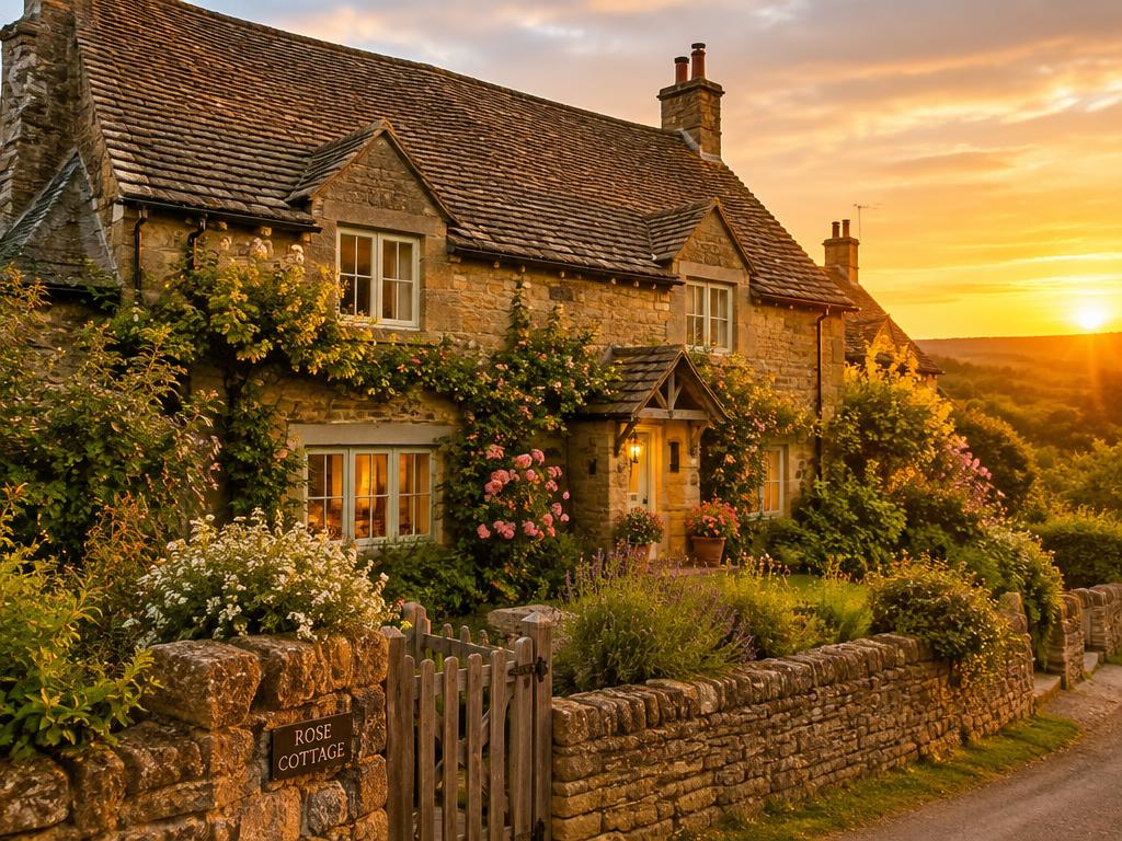 English cottage at sunset